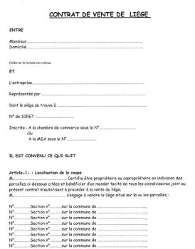 Contrat de vente de liège - exemple